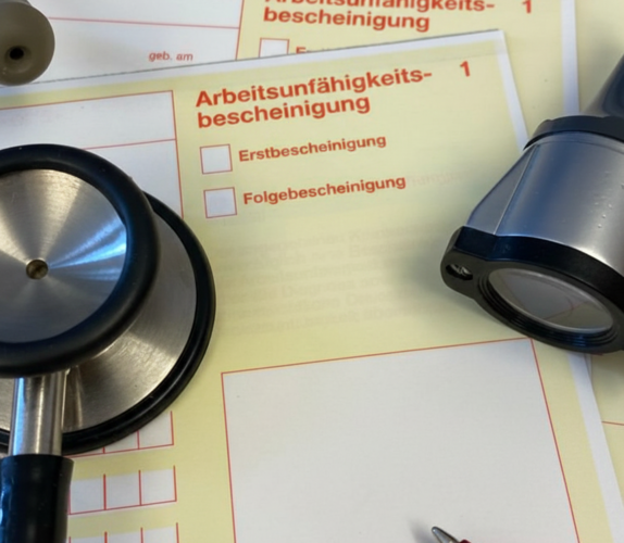 Arbeitsunfähigkeitsbescheinigungen, auch Krankmeldungen genannt, liegen neben einem Stethoskop und einer medizinischen Lupe auf einem Tisch.
